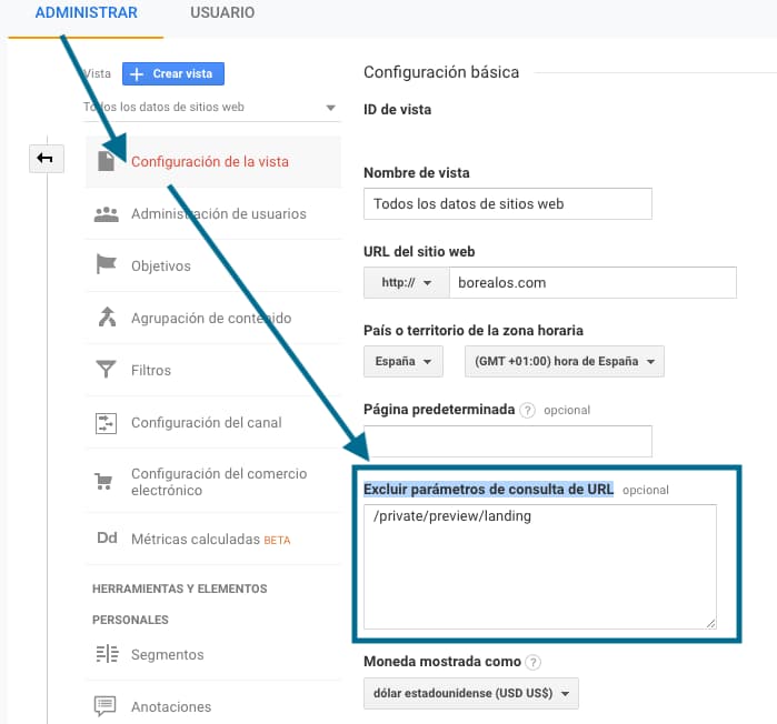 Ejemplo Excluir parámetros de consulta de URL en google analytics